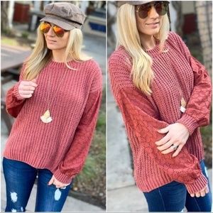 LAST ONE! Marsala cable knit sweater w/lace sleeve
